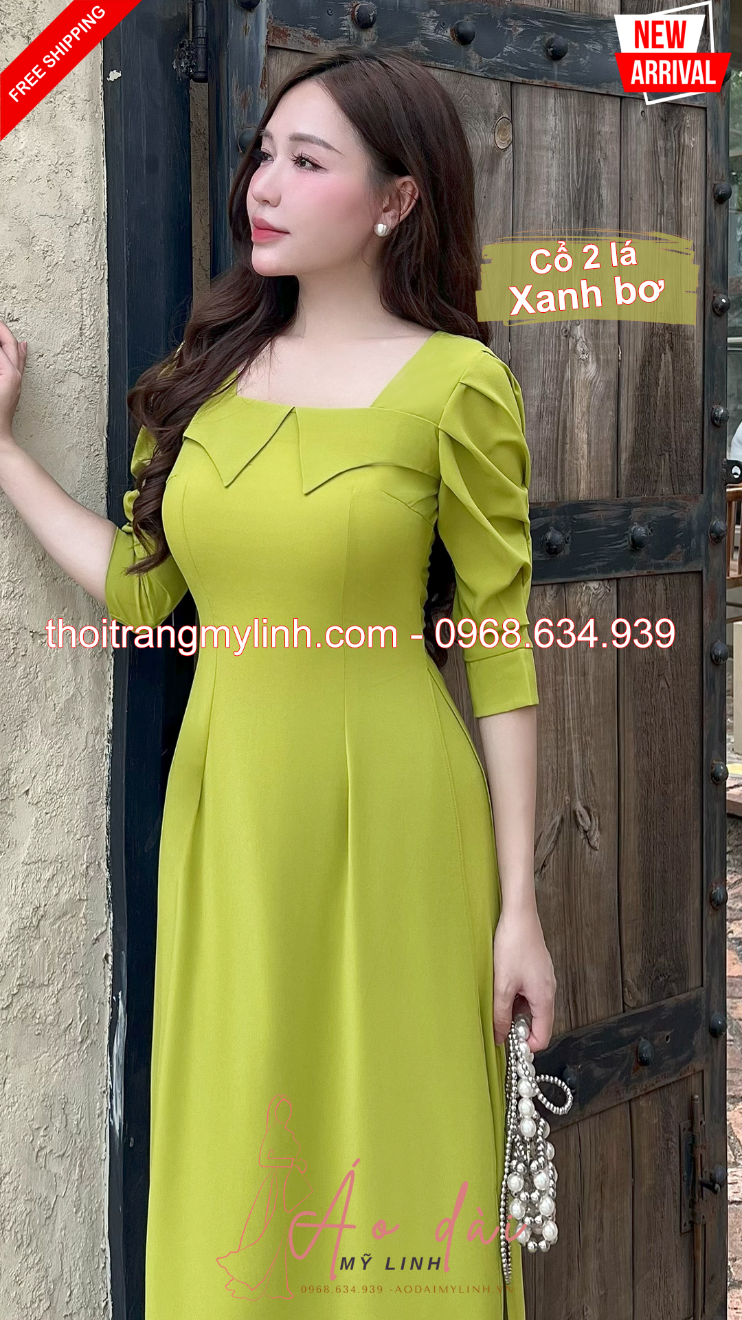 Bộ dài cổ vuông 2 lá bâu tay xếp tầng xanh bơ